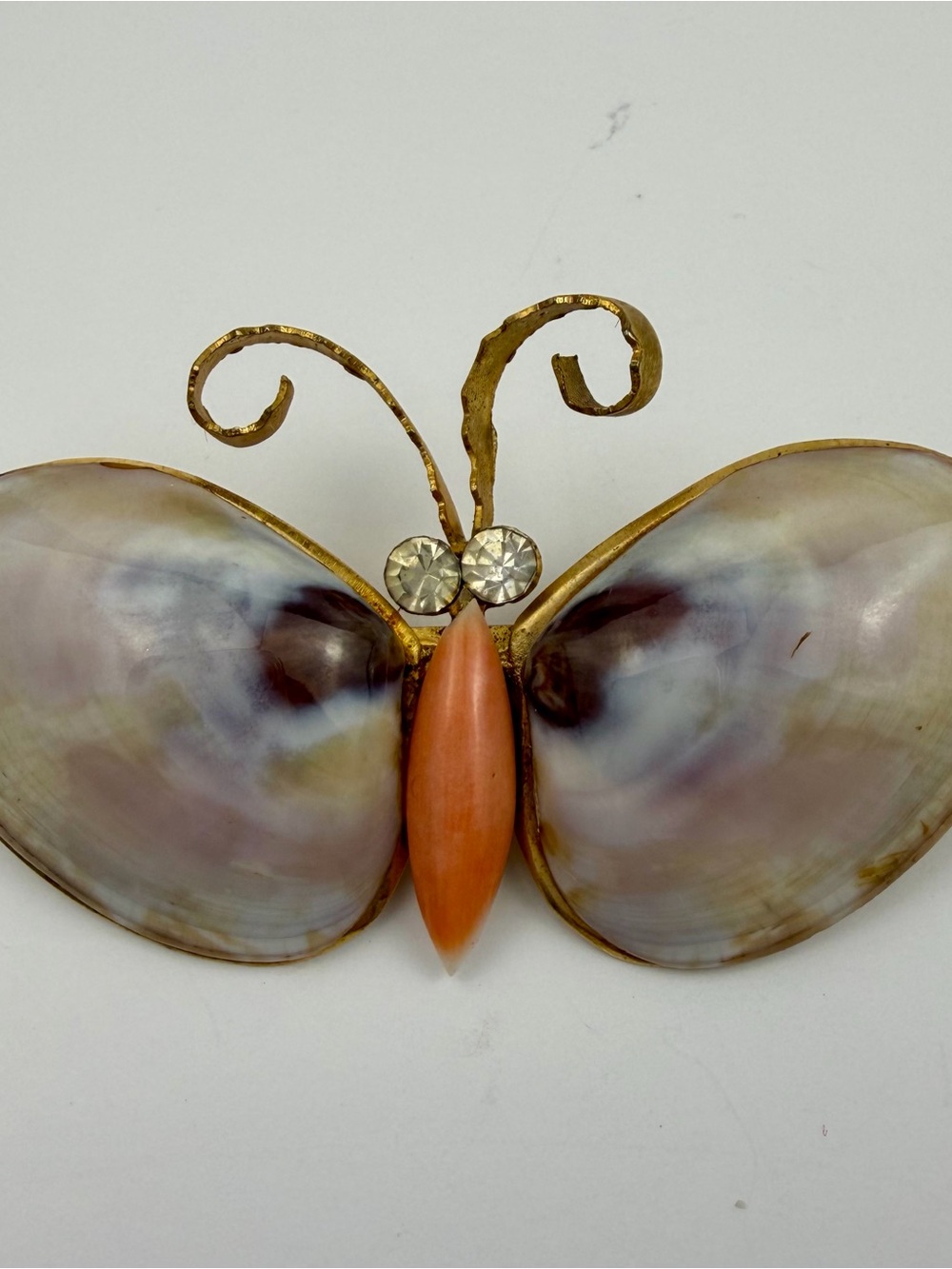 Vintage Butterfly Moth Brooch Pin Seashell Wings Coral Rhinestones 2.25 in